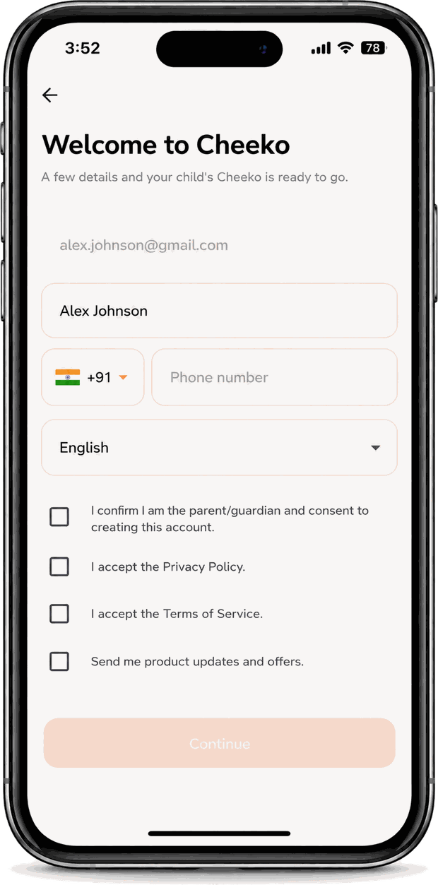 Cheeko Parent App registration screen: email, parent name, country code and phone number, language picker, and the consent, privacy, terms and updates checkboxes above a Continue button.