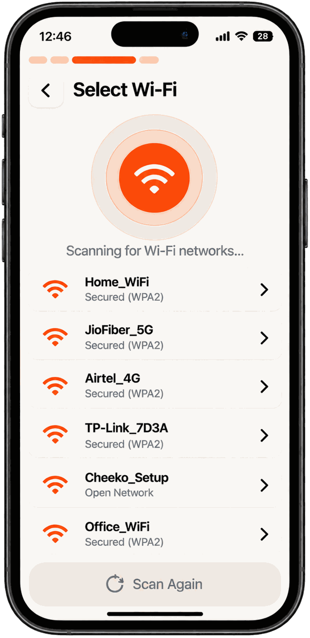 Cheeko Parent App Select Wi-Fi screen: a scanning indicator above a list of nearby networks — Home_WiFi, JioFiber_5G, Airtel_4G, TP-Link_7D3A, Cheeko_Setup and Office_WiFi — with a Scan Again button.